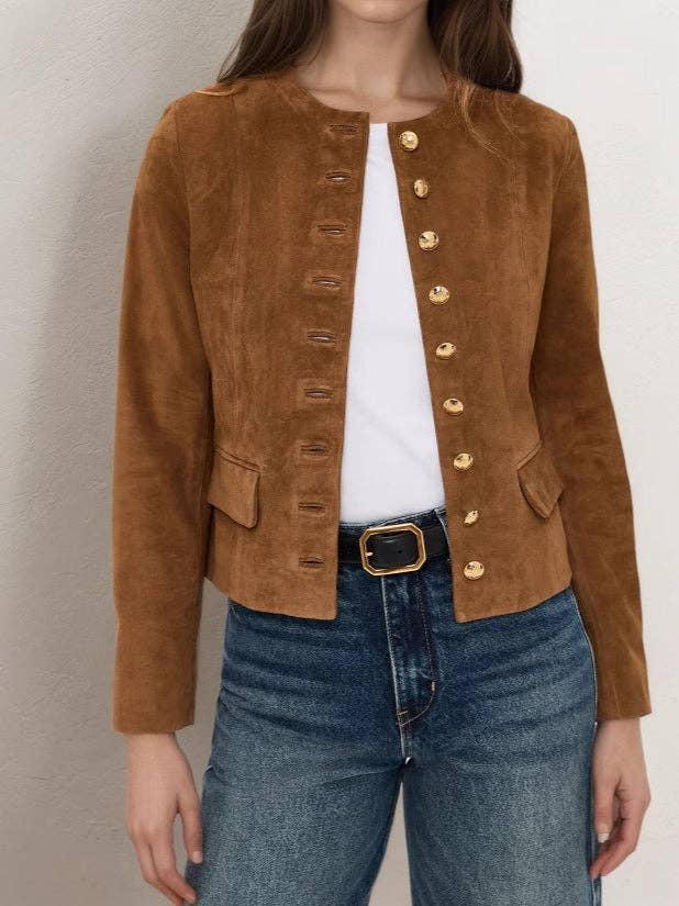Suede Single Button Crop Coat Mid Heavy Brown
