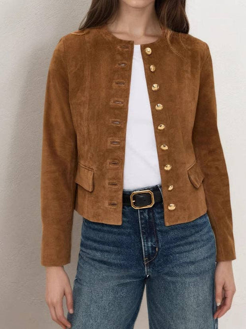 Suede Single Button Crop Coat Mid Heavy Brown