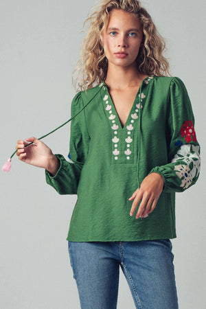 Embroidered Tassel Tie Blouse