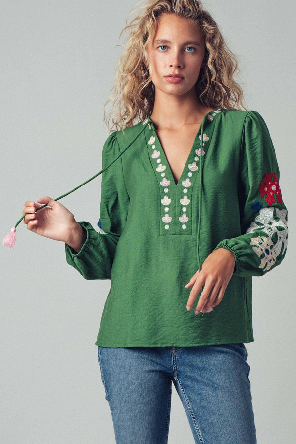 Embroidered Tassel Tie Blouse