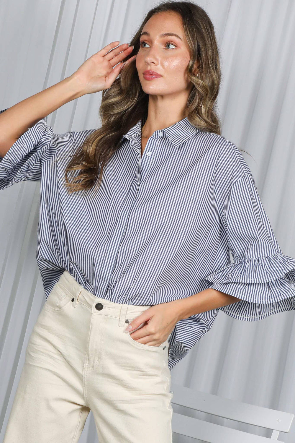Striped Ruffle Sleeve Blouse