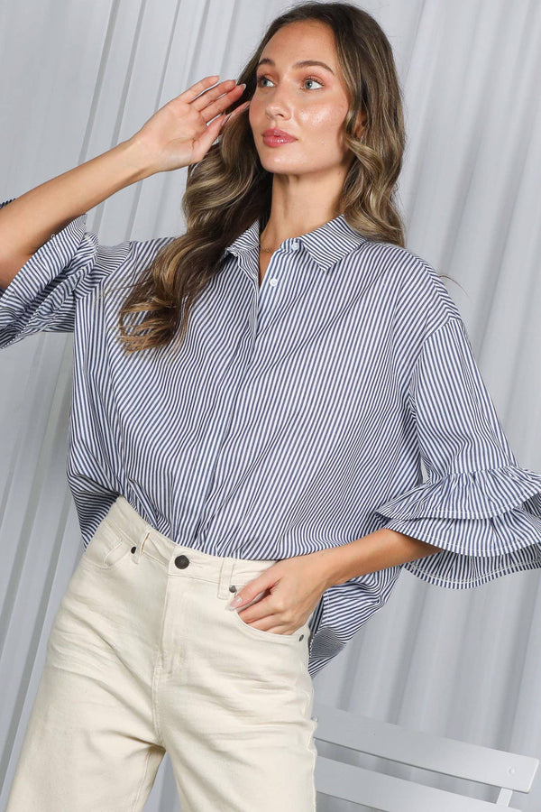 Striped Ruffle Sleeve Blouse