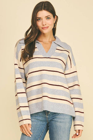 STRIPED V-NECK KNIT SWEATER - 7508W
