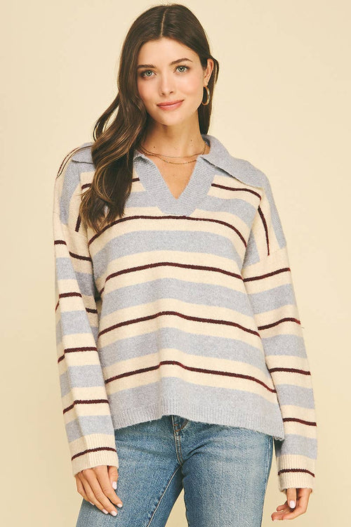 STRIPED V-NECK KNIT SWEATER - 7508W