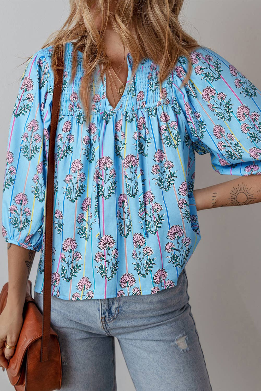 Floral Striped Print Shirred V Neck Blouse