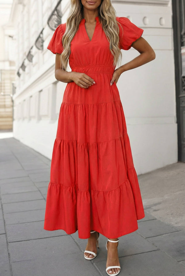 Solid V Neck Short Puff Sleeve Tiered Maxi Dress