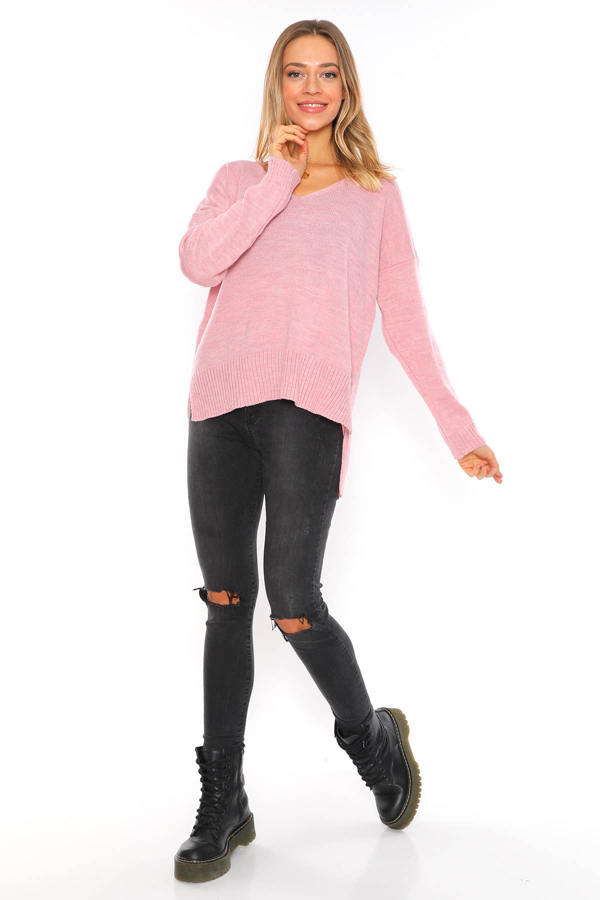 High-Low 'V' Neck Cotton Blend Pullover- Rose