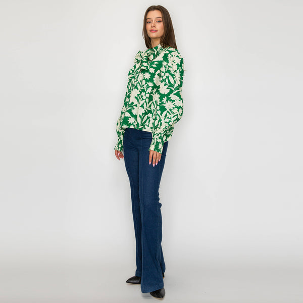 Rich Green Jacobean Print Bow Tie  Blouse