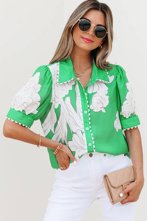 Floral Ric Rac Edge Puff Sleeve Button Up To