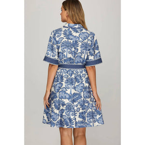Woven Print Mini Dress - Blue
