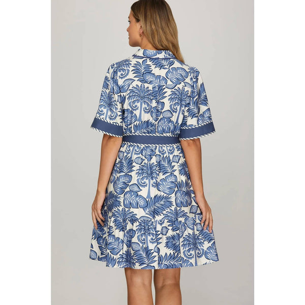 Woven Print Mini Dress - Blue