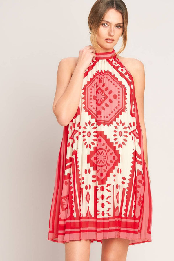 A Printed Woven Mini Dress - Pink