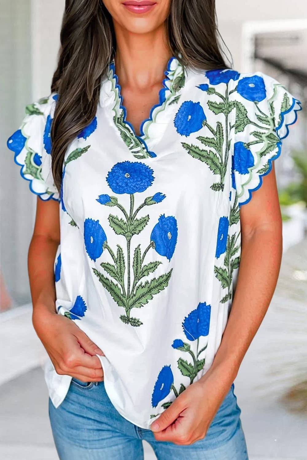 Floral Scallop Detail Short Sleeve Blouse