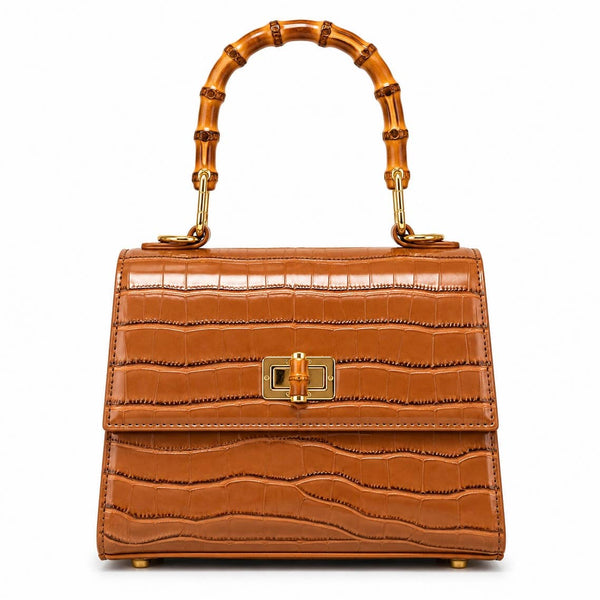 CrocEmbossed Faux Leather Bamboo Handle Crossbody Bag