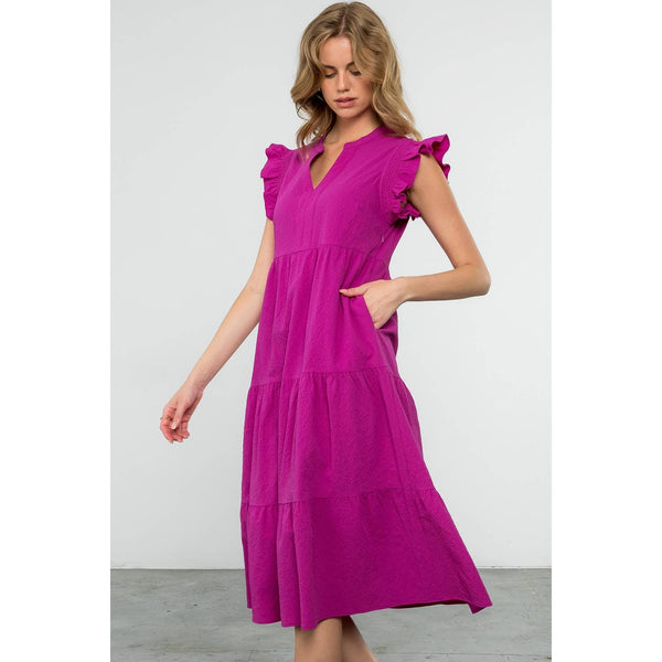 Ruffle Sleeve Tiered Dress- Fuschia