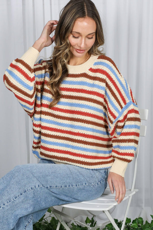Textured Multi Stripe Crew Neck Knitted Sweater