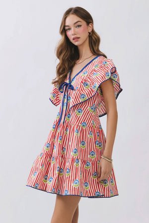 Stripe Floral Print Ruffle Mini Dress