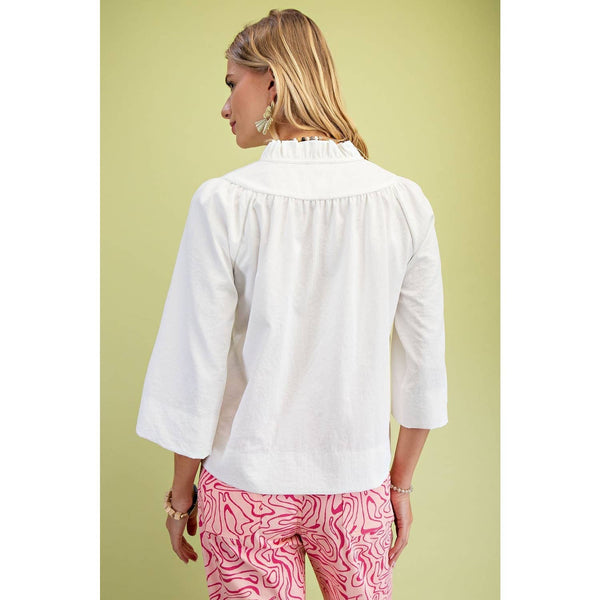 Wide Sleeves  Ruffled Neck Blouse