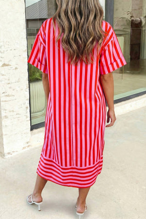 Stripe V Neck Cuffed Sleeve Maxi Dress