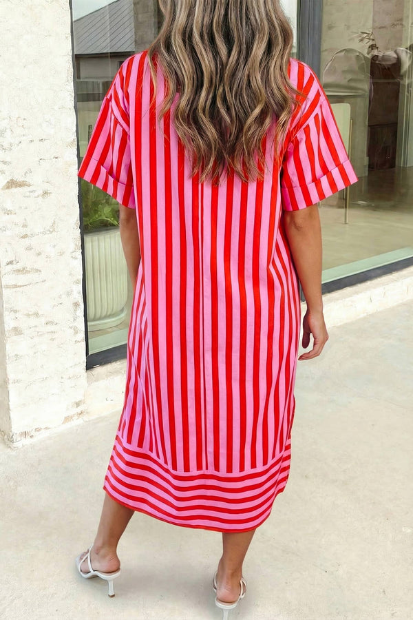 Stripe V Neck Cuffed Sleeve Maxi Dress