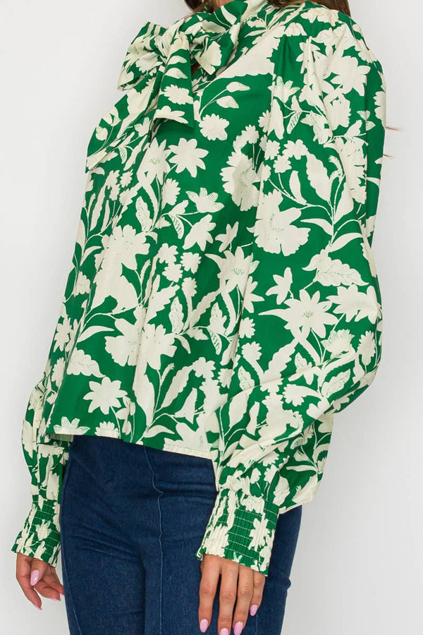 Rich Green Jacobean Print Bow Tie  Blouse