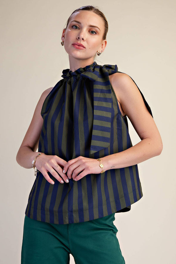 Ruffle Neck Tie Sleeveless Stripe Top