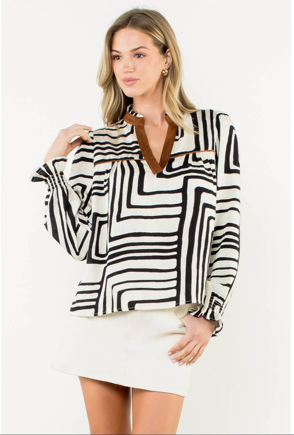 Abstract Print Long Sleeve V-Neck Top