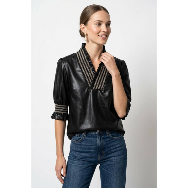 Smocking Ruffle Vegan Leather Blouse