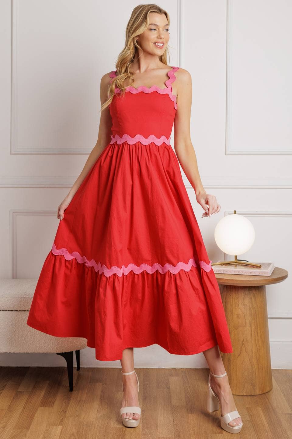 A solid woven midi dress - red/pink