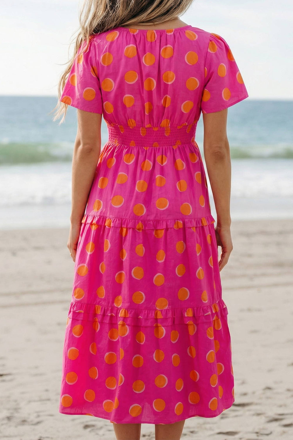 Polka Dot Shirred Short Sleeve Maxi Dress