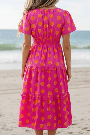 Polka Dot Shirred Short Sleeve Maxi Dress