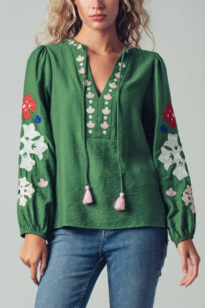 Embroidered Tassel Tie Blouse
