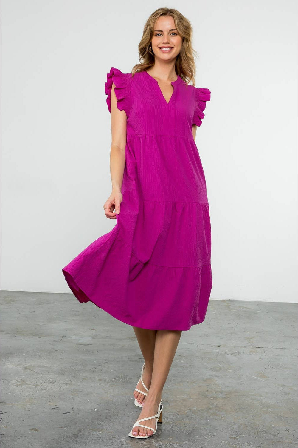 Ruffle Sleeve Tiered Dress- Fuschia