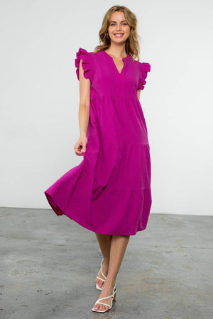 Ruffle Sleeve Tiered Dress- Fuschia