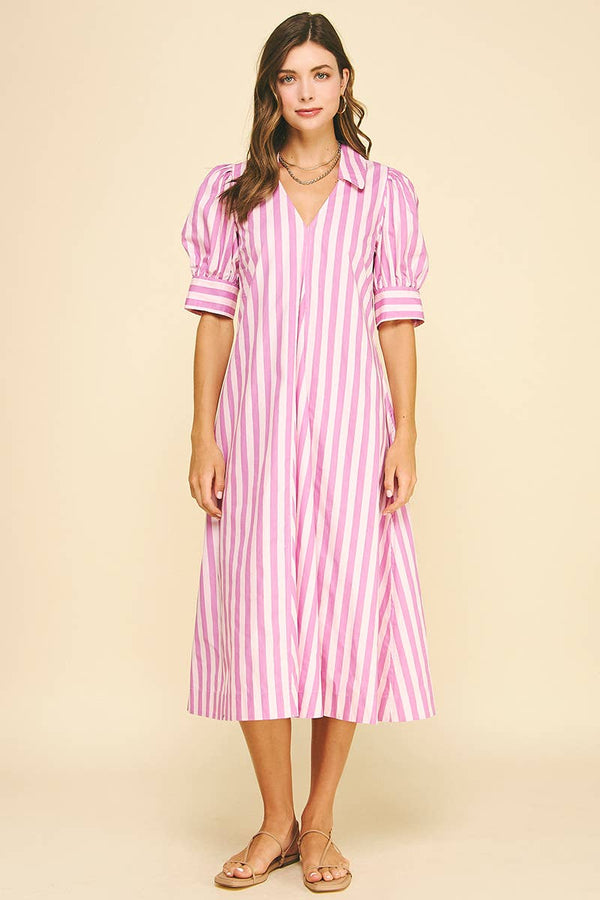 Striped V-neck Midi Dress - Pink/Lavender