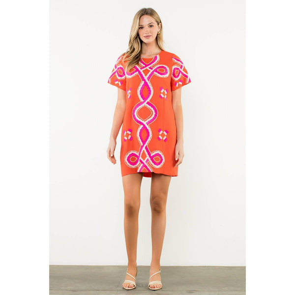 Embroidered Short Sleeve Mini Dress