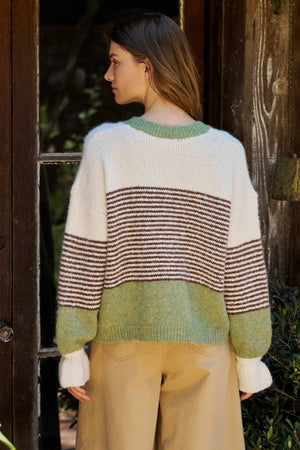 Striped Fuzzy Knit Volume Sleeve Cardigan