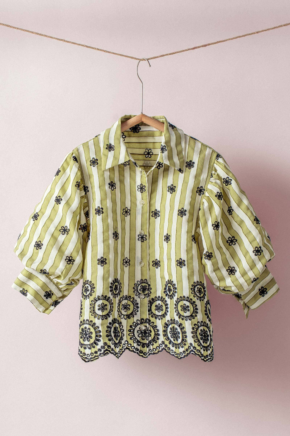 Striped Floral Embroidered Scallop Blouse