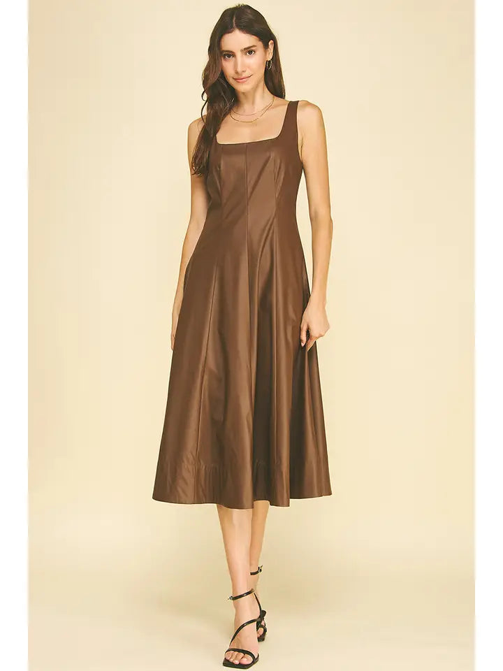 Faux Leather A-Line Midi Dress