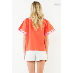 Contrast Trim Wide Sleeve V-Neck Top