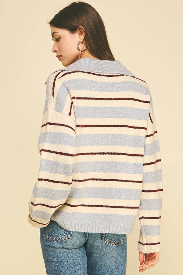 STRIPED V-NECK KNIT SWEATER - 7508W