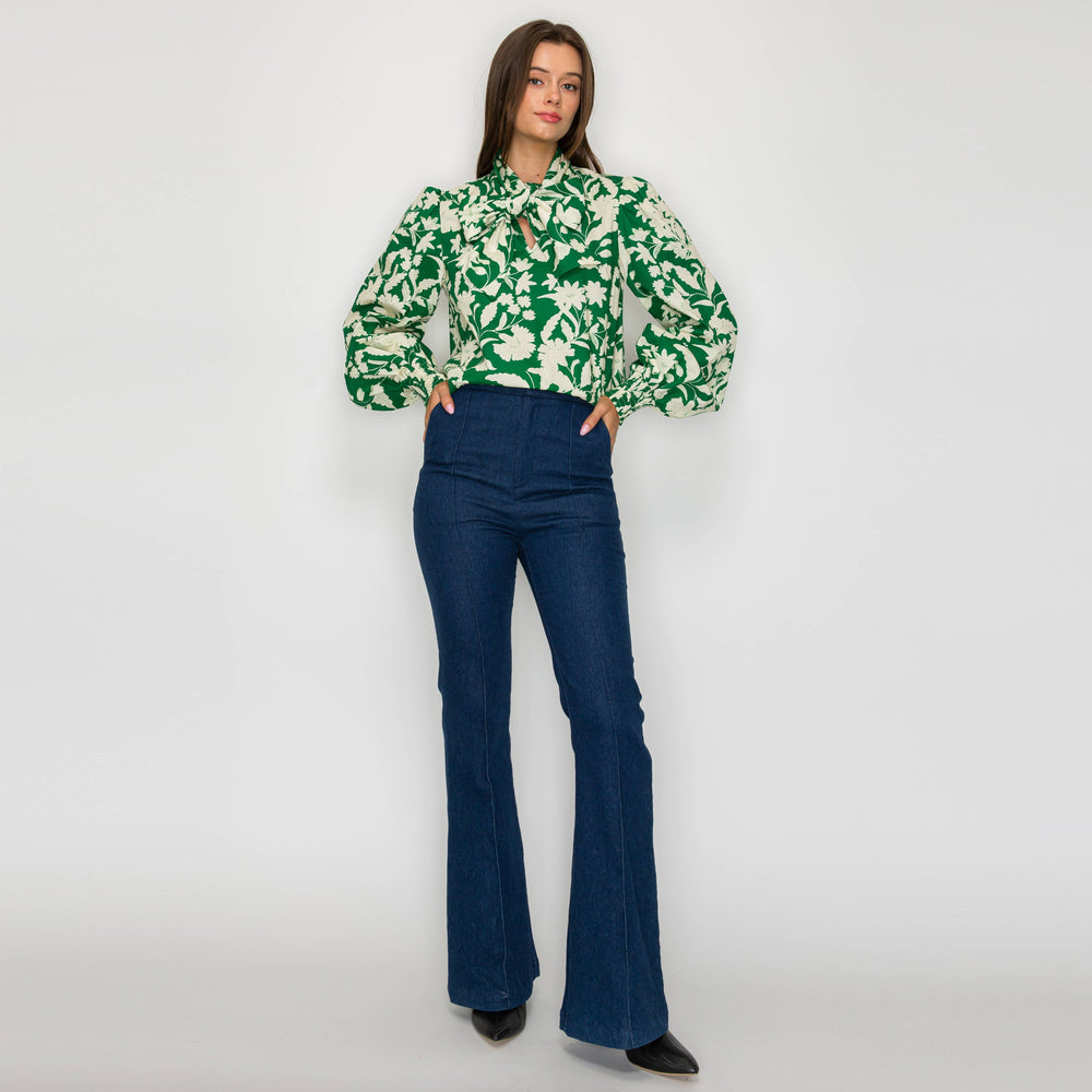 Rich Green Jacobean Print Bow Tie  Blouse