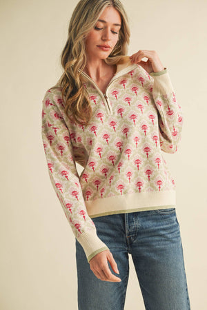 Floral Mock Neck Half Zip Pullover