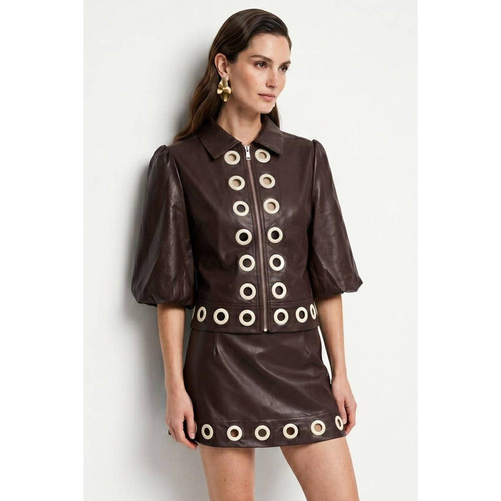 Vegan Leather Grommet Trim Jacket and Skirt Set