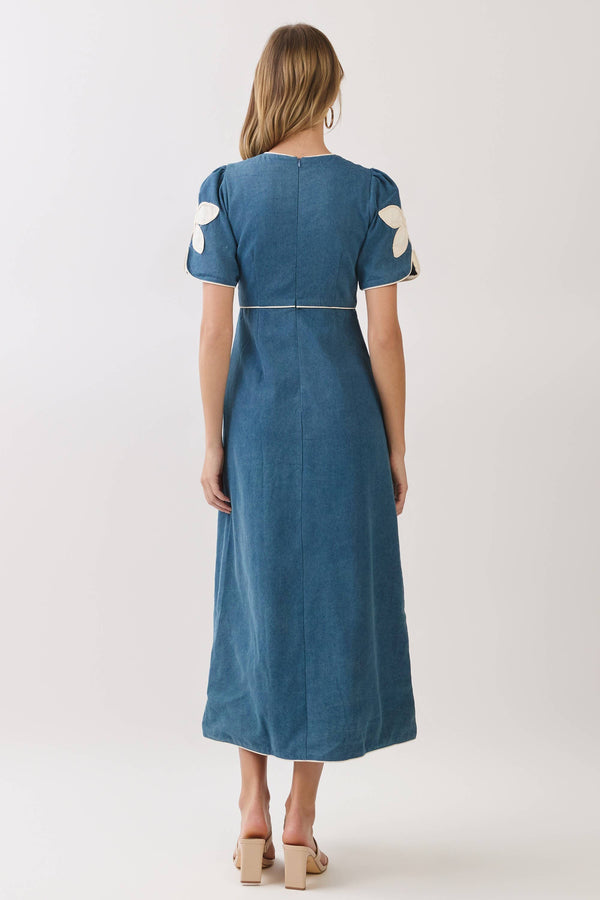 Floral Appliqué Contrast Trim Midi Dress