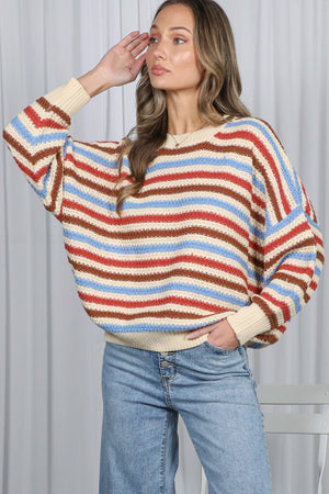 Textured Multi Stripe Crew Neck Knitted Sweater