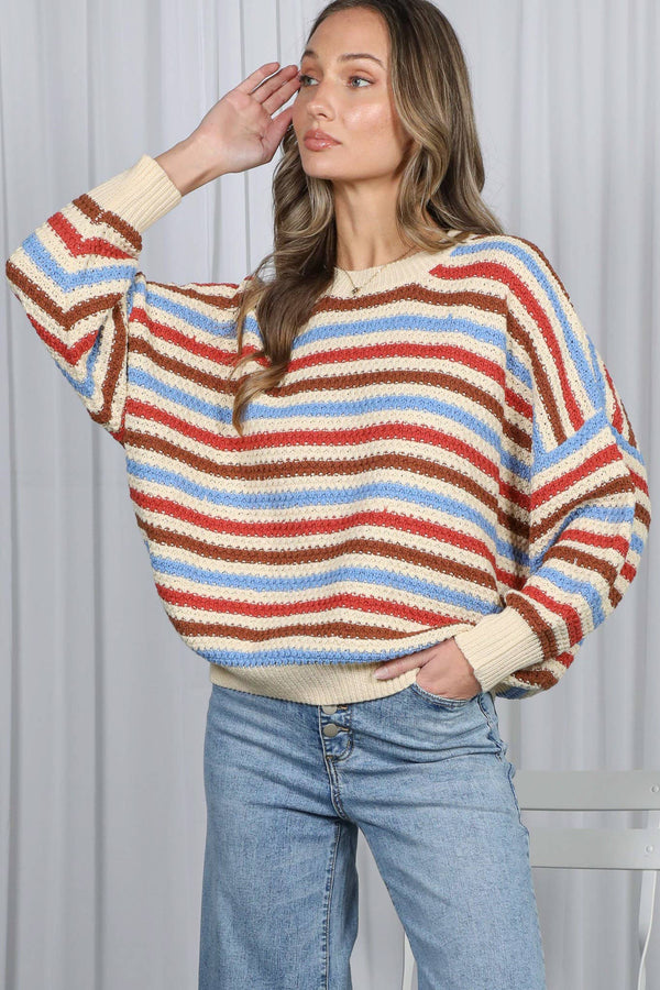 Textured Multi Stripe Crew Neck Knitted Sweater
