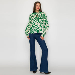 Rich Green Jacobean Print Bow Tie  Blouse