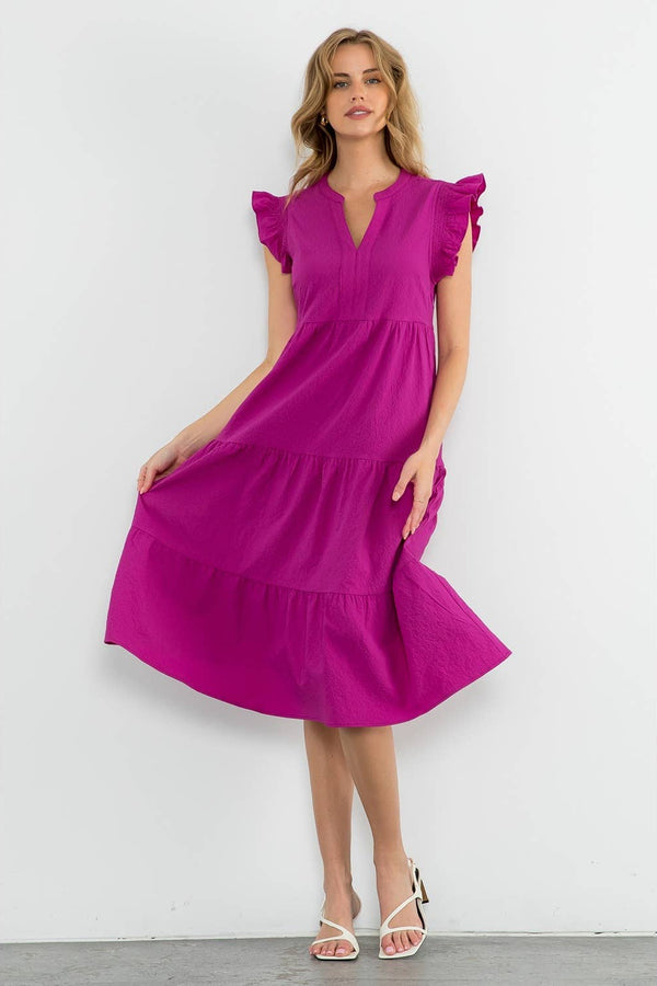 Ruffle Sleeve Tiered Dress- Fuschia