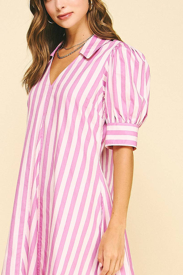 Striped V-neck Midi Dress - Pink/Lavender